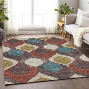 HomeRoots 8' X 10' Brown, Rust & Teal Ogee Washable Area Rug – Durable, UV-Protected, Pet-Friendly Comfort! 663051
