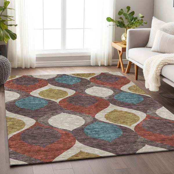 HomeRoots 8' X 10' Brown, Rust & Teal Ogee Washable Area Rug – Durable, UV-Protected, Pet-Friendly Comfort! 663051