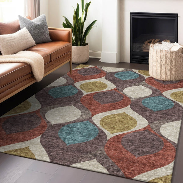 HomeRoots 8' X 10' Brown, Rust & Teal Ogee Washable Area Rug – Durable, UV-Protected, Pet-Friendly Comfort! 663051