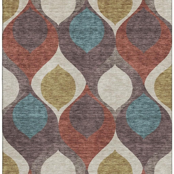 HomeRoots 8' X 10' Brown, Rust & Teal Ogee Washable Area Rug – Durable, UV-Protected, Pet-Friendly Comfort! 663051