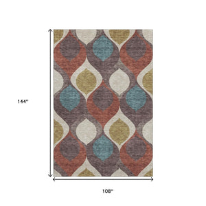HomeRoots 9' X 12' Ogee Washable Area Rug in Brown, Rust, and Teal – Durable, Stain Resistant, UV Protected Design 663052