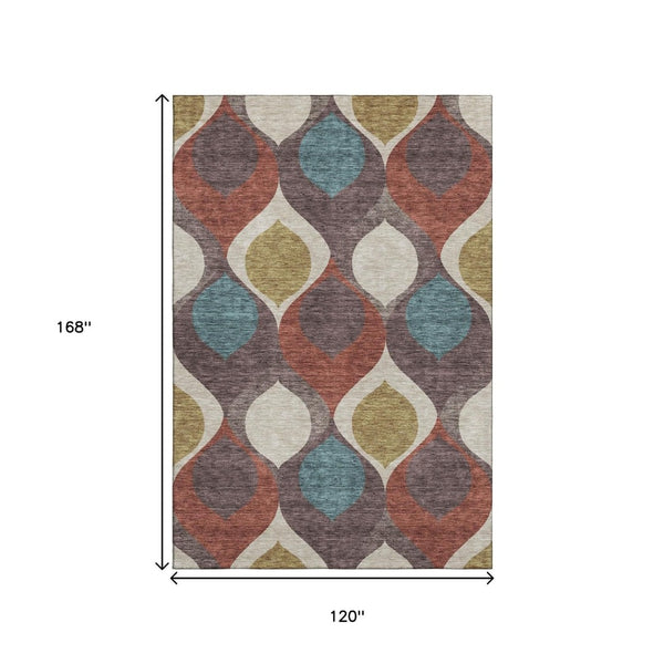 HomeRoots 10' Ogee Area Rug in Brown, Rust & Teal - Washable, UV-Protected, Stain-Resistant & Durable Design 663053