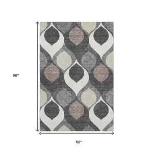 HomeRoots 5' X 8' Gray Ivory Beige Ogee Area Rug - Washable, Stain Resistant, UV Protected for Everyday Use 663061