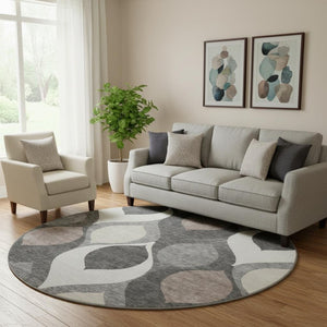 HomeRoots 8' Gray Ivory and Beige Ogee Washable Round Rug - Durable, Stain Resistant & UV Protected for Homes 663062