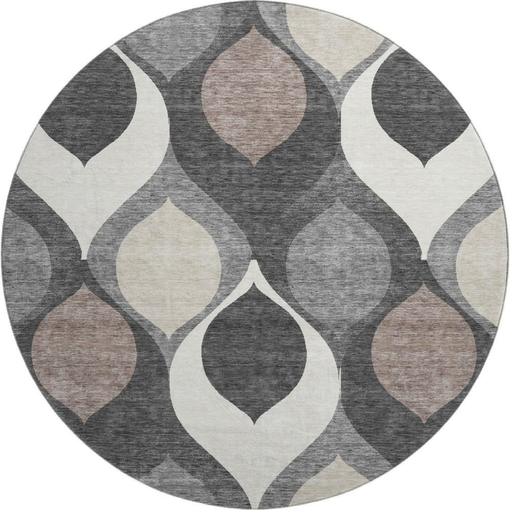 HomeRoots 8' Gray Ivory and Beige Ogee Washable Round Rug - Durable, Stain Resistant & UV Protected for Homes 663062