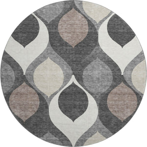 HomeRoots 8' Gray Ivory and Beige Ogee Washable Round Rug - Durable, Stain Resistant & UV Protected for Homes 663062