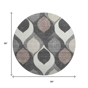 HomeRoots 8' Gray Ivory and Beige Ogee Washable Round Rug - Durable, Stain Resistant & UV Protected for Homes 663062