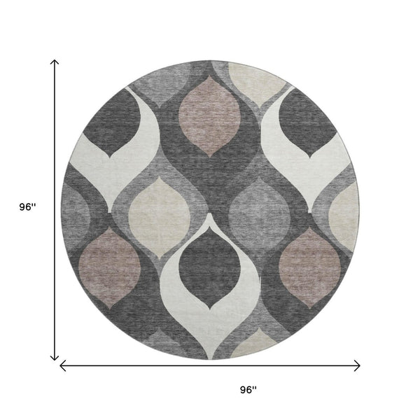 HomeRoots 8' Gray Ivory and Beige Ogee Washable Round Rug - Durable, Stain Resistant & UV Protected for Homes 663062