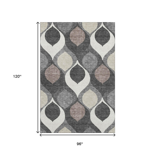 HomeRoots 8' X 10' Ogee Patterned Washable Area Rug in Gray, Ivory & Beige - Durable, UV Protected & Stylish 663063