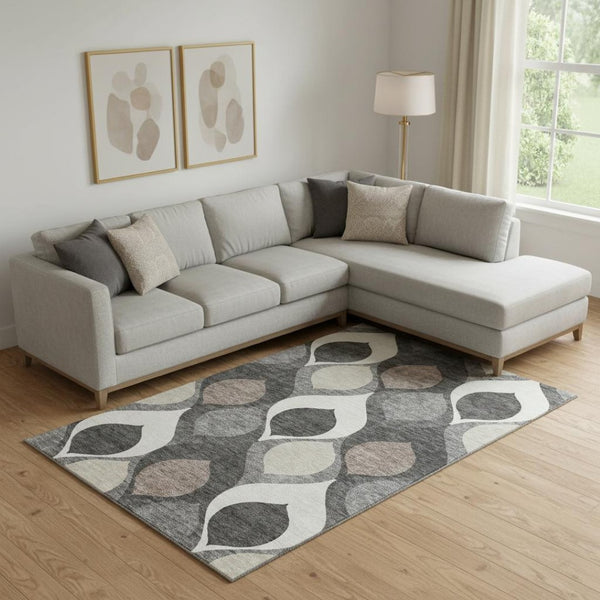 HomeRoots 8' X 10' Ogee Patterned Washable Area Rug in Gray, Ivory & Beige - Durable, UV Protected & Stylish 663063