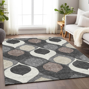 HomeRoots 8' X 10' Ogee Patterned Washable Area Rug in Gray, Ivory & Beige - Durable, UV Protected & Stylish 663063