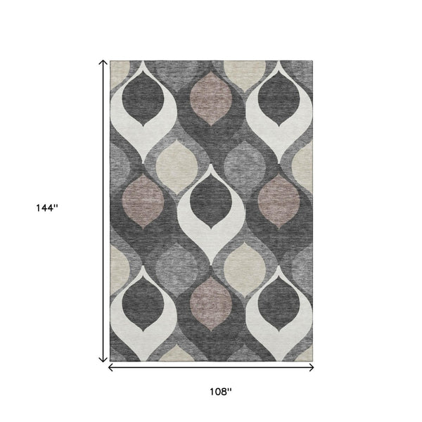 HomeRoots 9' X 12' Gray Ivory Beige Ogee Area Rug - Durable, Washable, UV Protected for Homes with Kids & Pets 663064