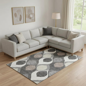 HomeRoots 9' X 12' Gray Ivory Beige Ogee Area Rug - Durable, Washable, UV Protected for Homes with Kids & Pets 663064