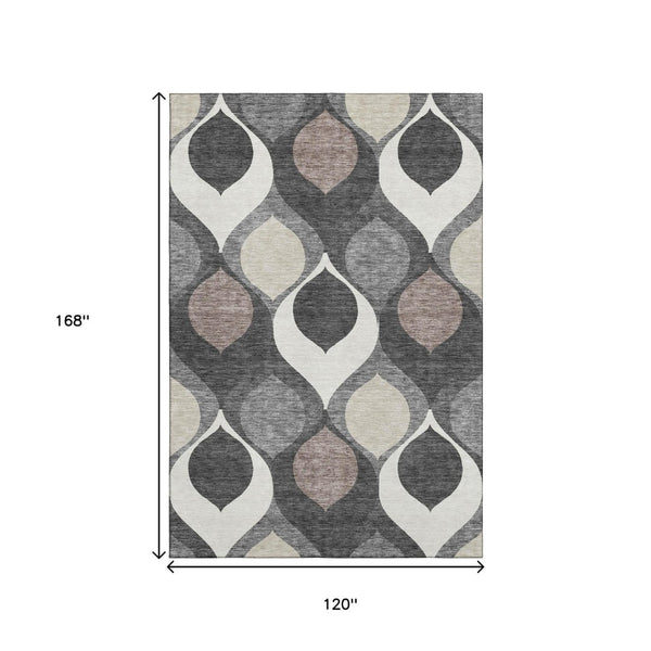 HomeRoots 10' X 14' Gray Ivory Beige Ogee Washable Area Rug with UV Protection, Stain Resistance & Style 663065