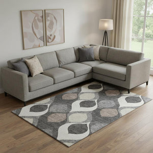 HomeRoots 10' X 14' Gray Ivory Beige Ogee Washable Area Rug with UV Protection, Stain Resistance & Style 663065