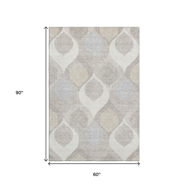 HomeRoots 5' X 8' Ivory Beige and Gray Ogee Washable Area Rug - Durable, Stylish, Fade-Resistant for Families 663067