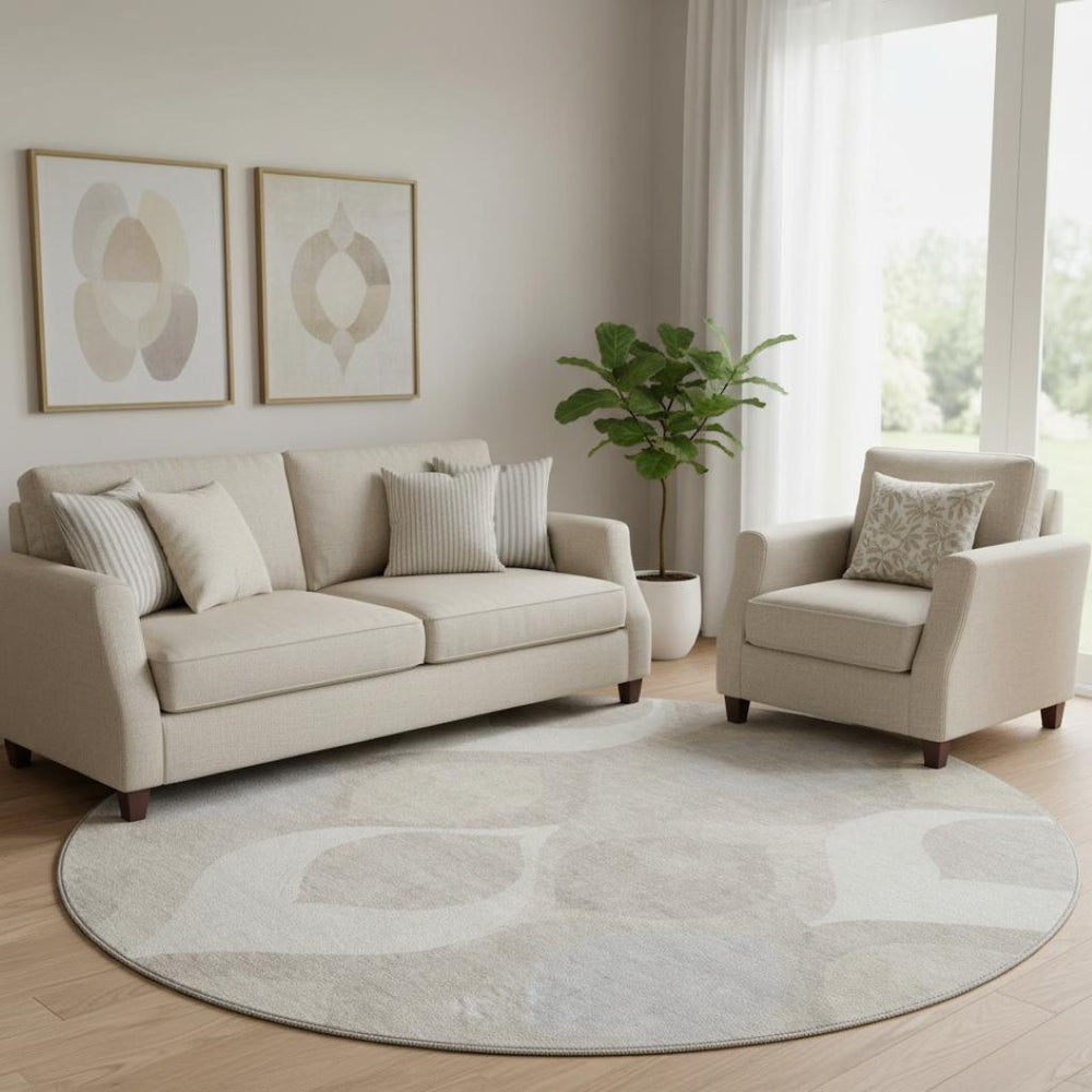 HomeRoots 8' Ivory Beige and Gray Ogee Round Rug - Washable, UV Protected, Stain Resistant for High-Traffic Areas 663068