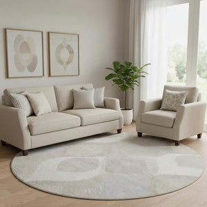 HomeRoots 8' Ivory Beige and Gray Ogee Round Rug - Washable, UV Protected, Stain Resistant for High-Traffic Areas 663068