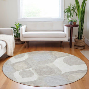 HomeRoots 8' Ivory Beige and Gray Ogee Round Rug - Washable, UV Protected, Stain Resistant for High-Traffic Areas 663068