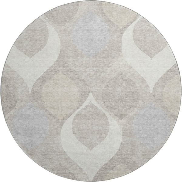 HomeRoots 8' Ivory Beige and Gray Ogee Round Rug - Washable, UV Protected, Stain Resistant for High-Traffic Areas 663068