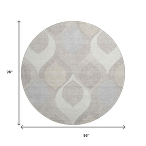 HomeRoots 8' Ivory Beige and Gray Ogee Round Rug - Washable, UV Protected, Stain Resistant for High-Traffic Areas 663068