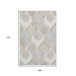 HomeRoots 9' X 12' Elegant Ogee Pattern Area Rug in Ivory, Beige, & Gray - Washable, UV Protected, Stain Resistant 663070