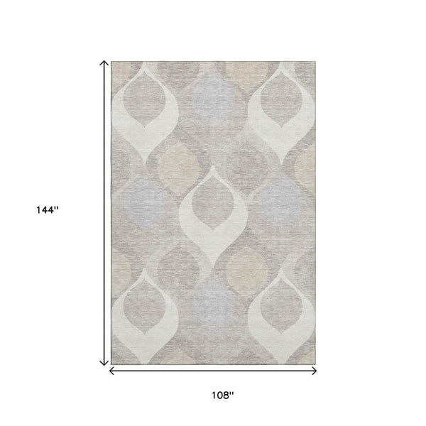 HomeRoots 9' X 12' Elegant Ogee Pattern Area Rug in Ivory, Beige, & Gray - Washable, UV Protected, Stain Resistant 663070