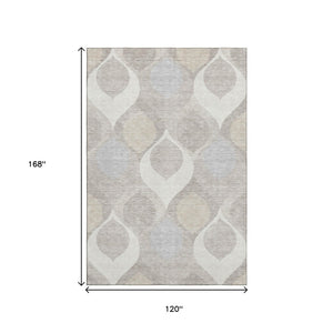 HomeRoots 10' X 14' Elegant Ivory Beige and Gray Ogee Area Rug – Washable, Stain-Resistant, UV Protected Design 663071