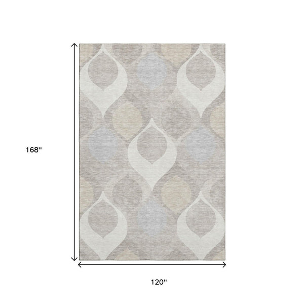 HomeRoots 10' X 14' Elegant Ivory Beige and Gray Ogee Area Rug – Washable, Stain-Resistant, UV Protected Design 663071