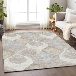 HomeRoots 10' X 14' Elegant Ivory Beige and Gray Ogee Area Rug – Washable, Stain-Resistant, UV Protected Design 663071