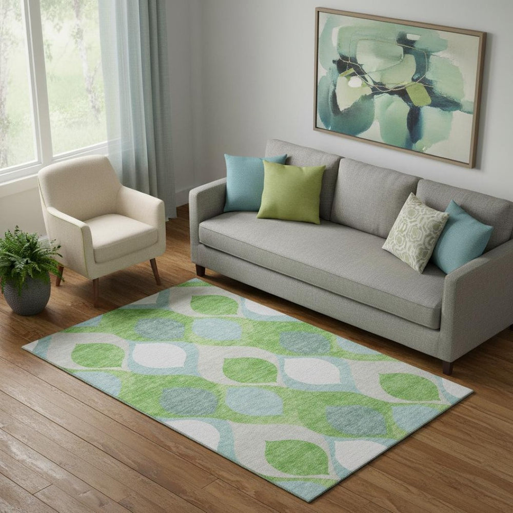 HomeRoots 5' X 8' Vibrant Lime Green, Blue & Ivory Ogee Area Rug with UV Protection for High-Traffic Spaces 663073
