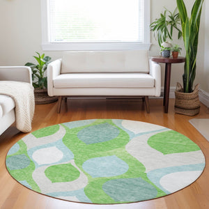 HomeRoots 8' Vibrant Lime Green, Blue & Ivory Ogee Round Rug - Washable, UV Protected for Busy Homes! 663074