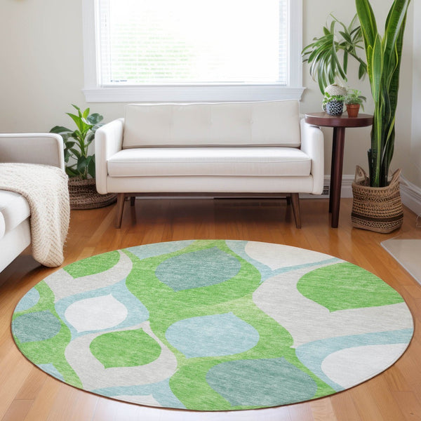 HomeRoots 8' Vibrant Lime Green, Blue & Ivory Ogee Round Rug - Washable, UV Protected for Busy Homes! 663074