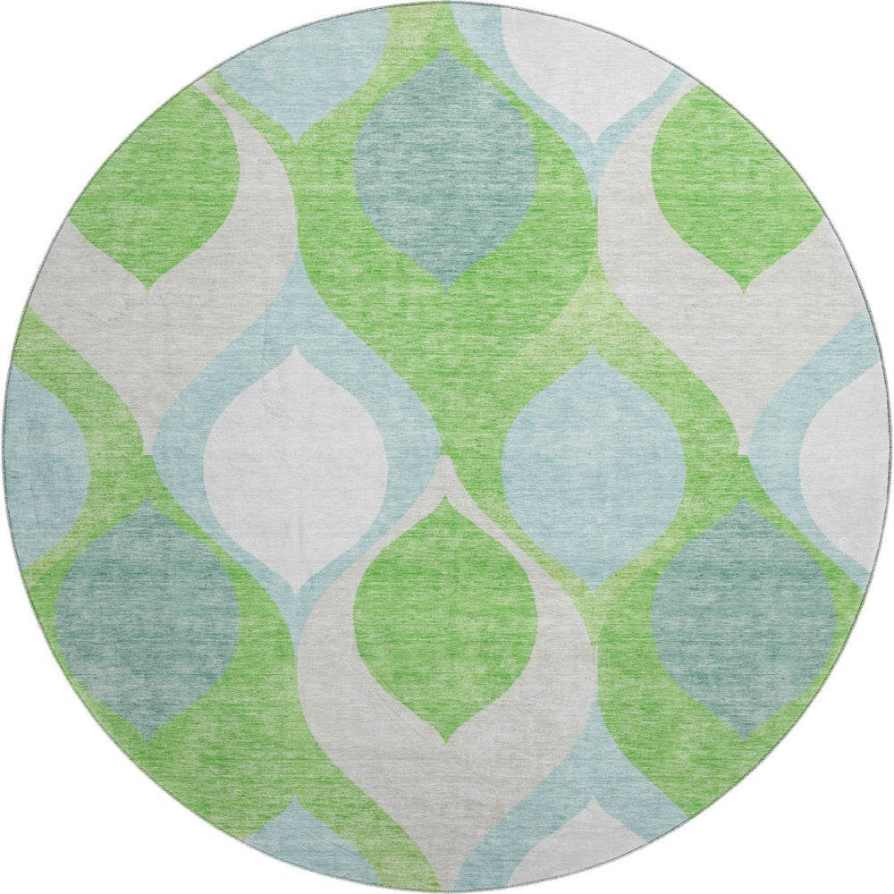 HomeRoots 8' Vibrant Lime Green, Blue & Ivory Ogee Round Rug - Washable, UV Protected for Busy Homes! 663074