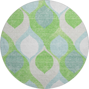 HomeRoots 8' Vibrant Lime Green, Blue & Ivory Ogee Round Rug - Washable, UV Protected for Busy Homes! 663074