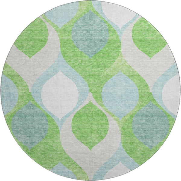 HomeRoots 8' Vibrant Lime Green, Blue & Ivory Ogee Round Rug - Washable, UV Protected for Busy Homes! 663074