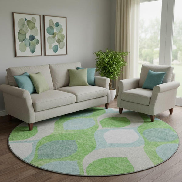 HomeRoots 8' Vibrant Lime Green, Blue & Ivory Ogee Round Rug - Washable, UV Protected for Busy Homes! 663074