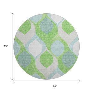 HomeRoots 8' Vibrant Lime Green, Blue & Ivory Ogee Round Rug - Washable, UV Protected for Busy Homes! 663074