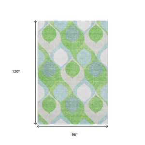 HomeRoots 8' Ogee Pattern Area Rug in Vibrant Lime Green, Blue & Ivory - Washable, UV Protected & Stain Resistant 663075