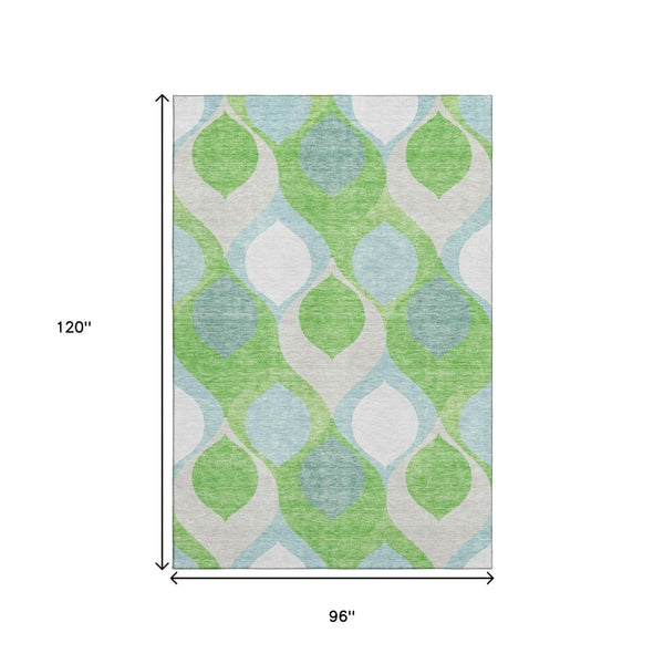 HomeRoots 8' Ogee Pattern Area Rug in Vibrant Lime Green, Blue & Ivory - Washable, UV Protected & Stain Resistant 663075