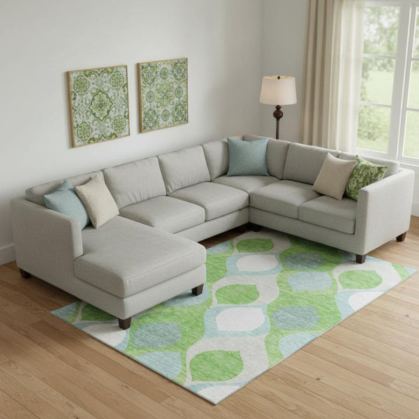 HomeRoots 8' Ogee Pattern Area Rug in Vibrant Lime Green, Blue & Ivory - Washable, UV Protected & Stain Resistant 663075