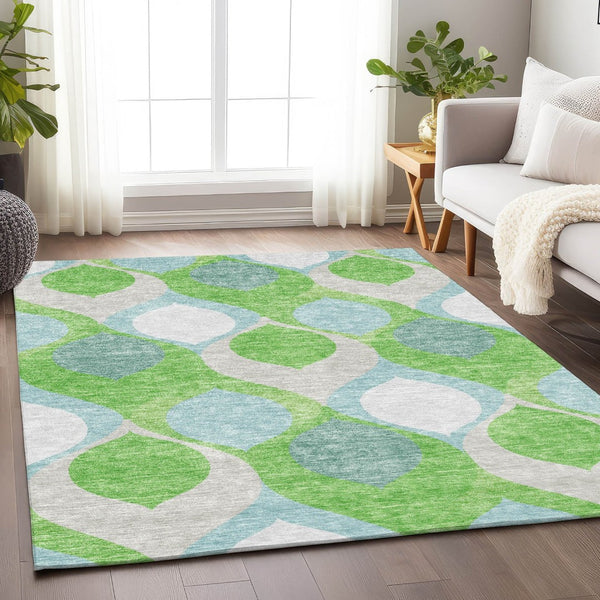HomeRoots 8' Ogee Pattern Area Rug in Vibrant Lime Green, Blue & Ivory - Washable, UV Protected & Stain Resistant 663075