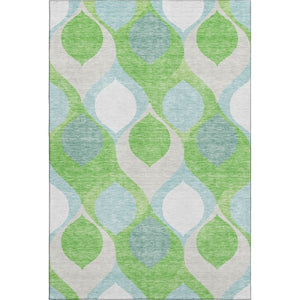 HomeRoots 8' Ogee Pattern Area Rug in Vibrant Lime Green, Blue & Ivory - Washable, UV Protected & Stain Resistant 663075