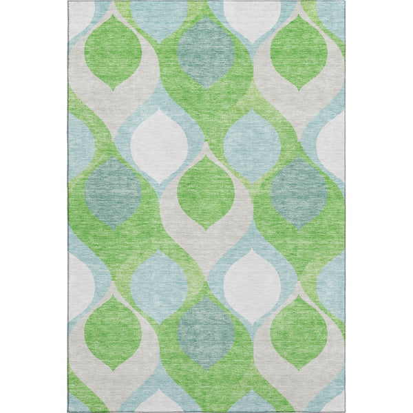 HomeRoots 8' Ogee Pattern Area Rug in Vibrant Lime Green, Blue & Ivory - Washable, UV Protected & Stain Resistant 663075