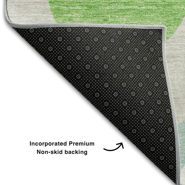 HomeRoots 8' Ogee Pattern Area Rug in Vibrant Lime Green, Blue & Ivory - Washable, UV Protected & Stain Resistant 663075