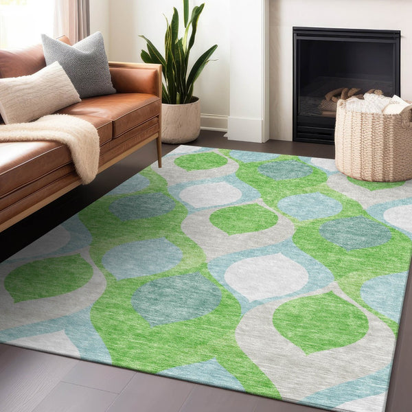 HomeRoots 8' Ogee Pattern Area Rug in Vibrant Lime Green, Blue & Ivory - Washable, UV Protected & Stain Resistant 663075