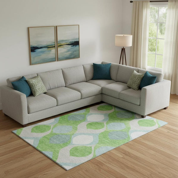 HomeRoots 9' Ogee Area Rug in Vibrant Lime Green, Blue & Ivory - Washable, UV Protected & Perfect for Families 663076