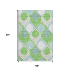 HomeRoots 9' Ogee Area Rug in Vibrant Lime Green, Blue & Ivory - Washable, UV Protected & Perfect for Families 663076