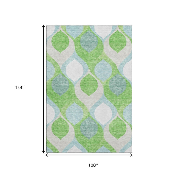 HomeRoots 9' Ogee Area Rug in Vibrant Lime Green, Blue & Ivory - Washable, UV Protected & Perfect for Families 663076