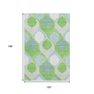 HomeRoots 10' X 14' Vibrant Lime Green, Blue & Ivory Ogee Area Rug - Washable, UV-Protected, Durable Design 663077